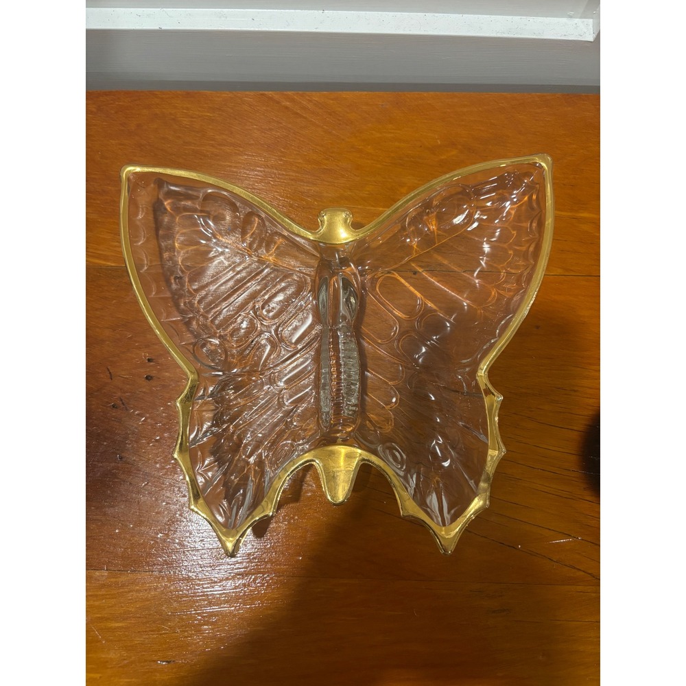 Vintage Butterfly Glass Trinket Dish Gold Trim Iridescent Peach Amber Tray